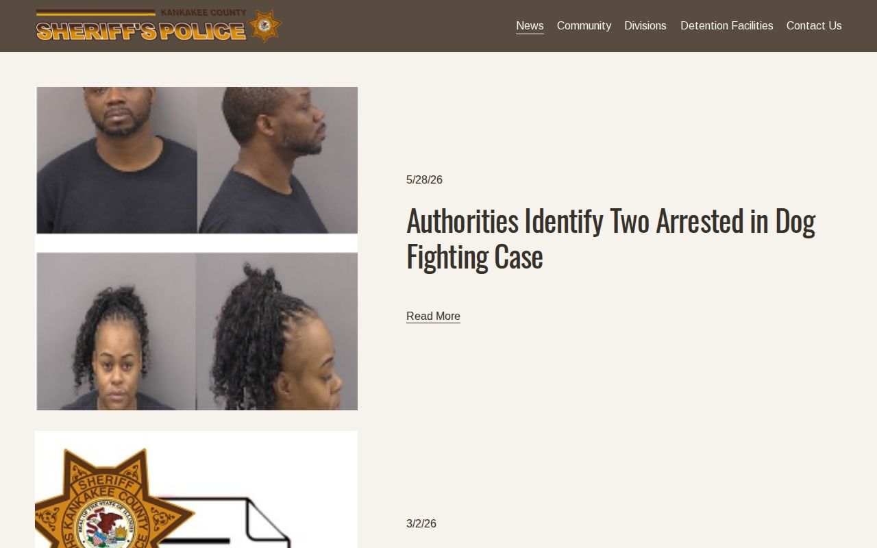 Kankakee County Sheriff news page with dated releases and older posts
