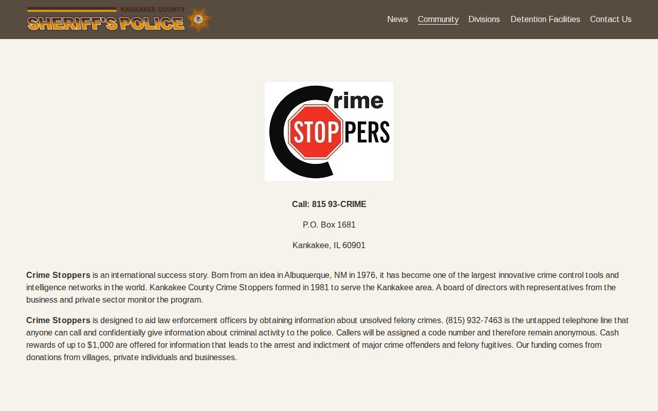 Kankakee County Crime Stoppers anonymous tip and reward instructions