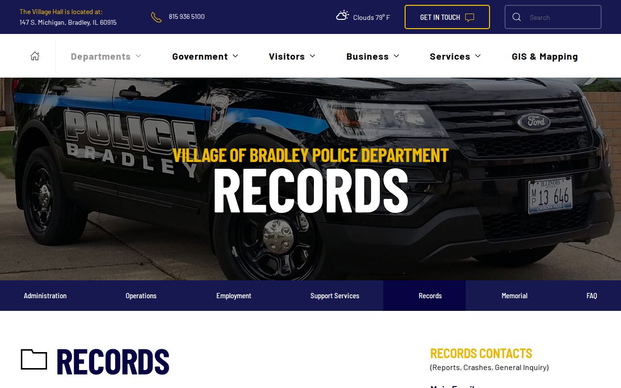 Bradley Police records page with records unit contact information