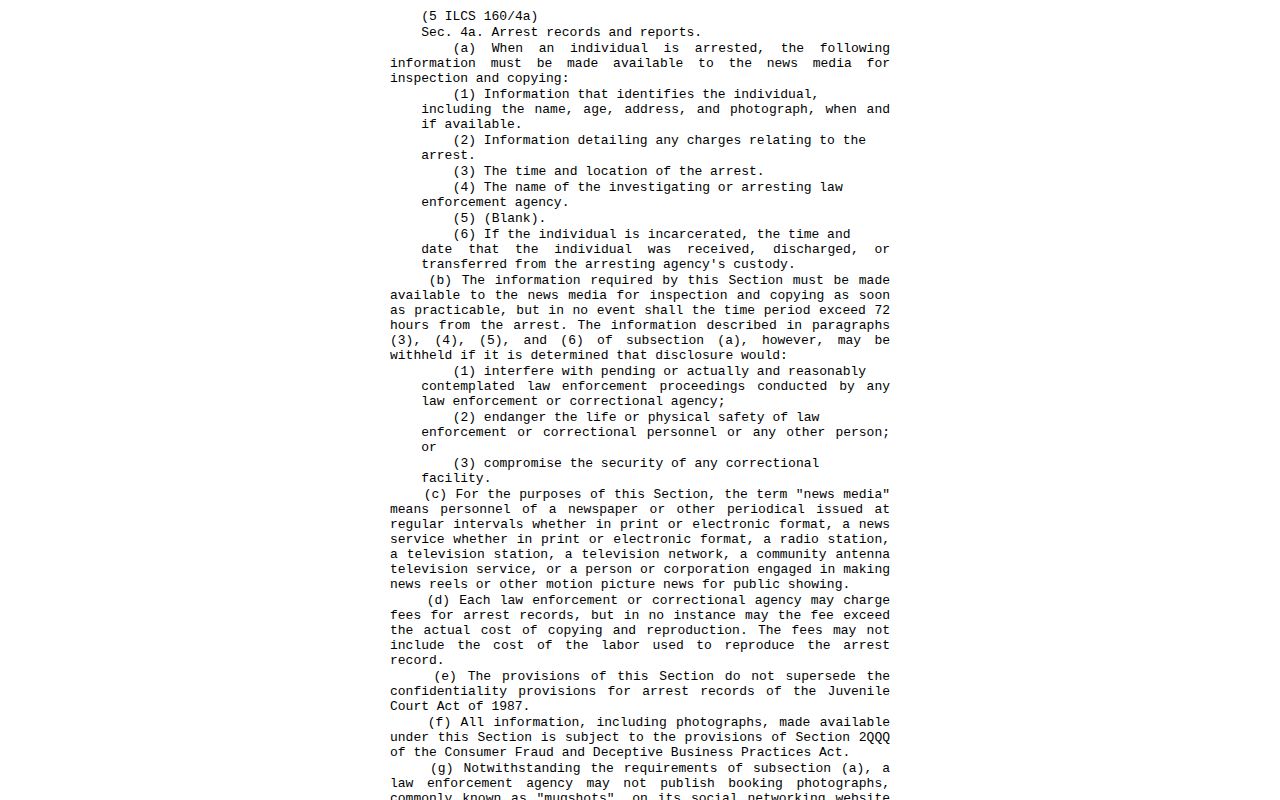 Illinois Local Records Act section 4a arrest information requirements